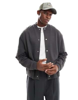 ASOS DESIGN boxy oversized twill jersey jacket in washed black-Grey