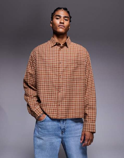 ASOS DESIGN boxy oversized twill shirt in brown check - view 1