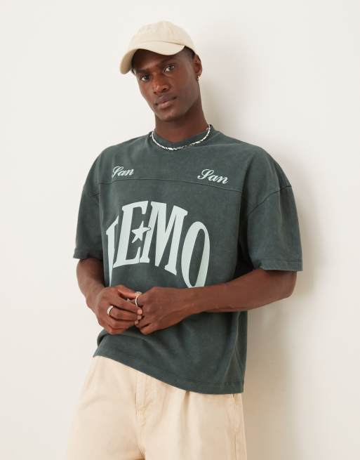 ASOS DESIGN boxy oversized v neck t-shirt with seam detail and city graphic in heavyweight 240gsm washed green