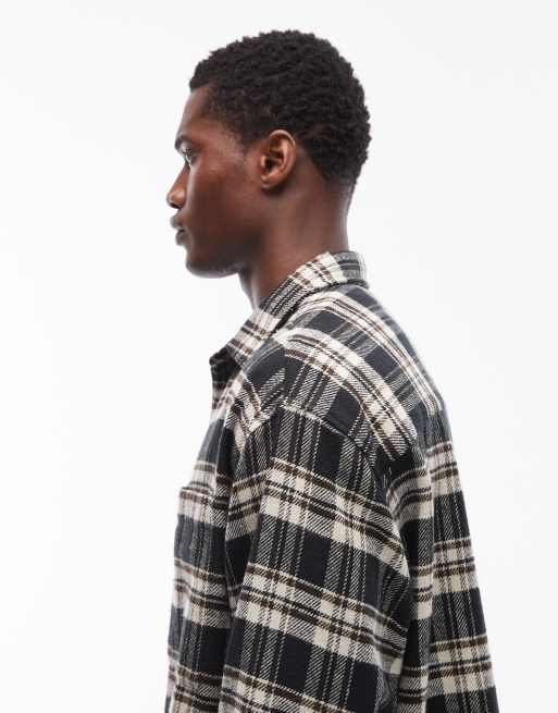 ASOS DESIGN boxy oversized vintage look flannel plaid shirt with chest pocket in black, 4 of 5