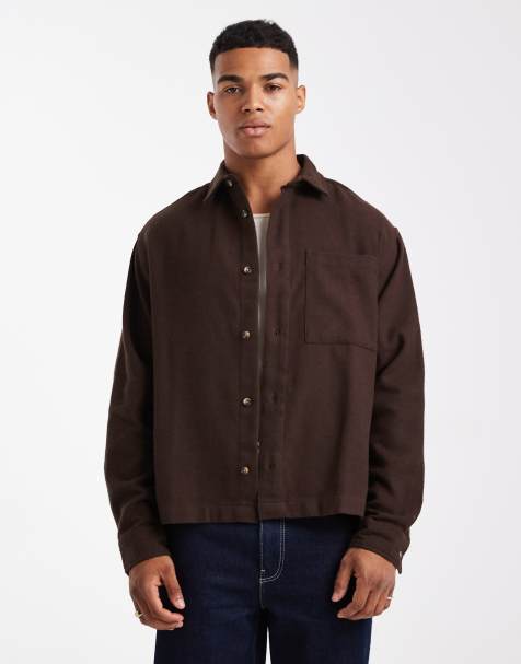 ASOS DESIGN boxy oversized vintage look flannel shirt in brown - view 1