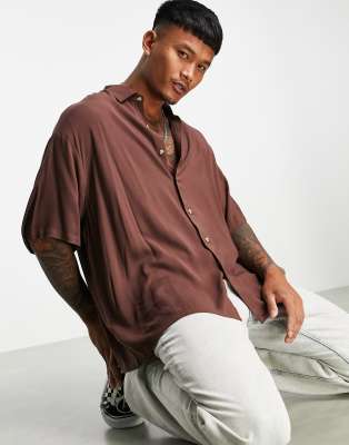 ASOS DESIGN boxy oversized viscose shirt in brown