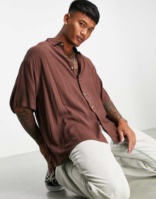 ASOS DESIGN boxy oversized viscose shirt in brown | ASOS