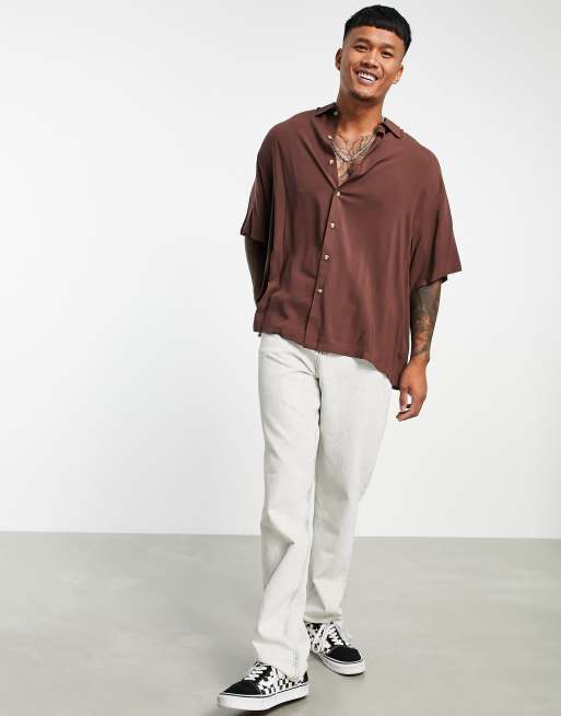 ASOS DESIGN boxy oversized viscose shirt in brown | ASOS