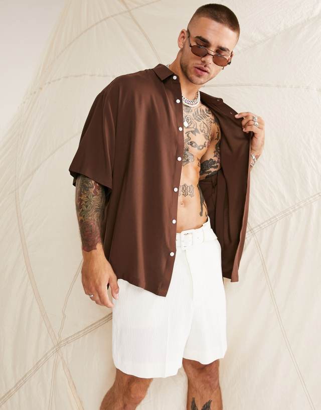 ASOS DESIGN boxy oversized viscose shirt in brown