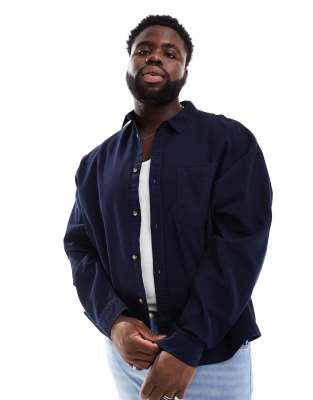 Asos Design Boxy Oversized Waffle Shirt In Navy