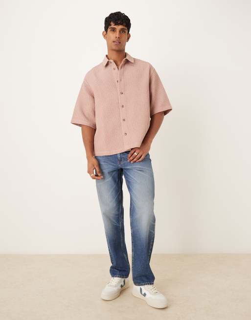 ASOS DESIGN boxy oversized waffle textured shirt in dusty pink, 2 of 5
