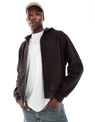 Asos Design Boxy Oversized Waffle Zip Through Hoodie In Brown
