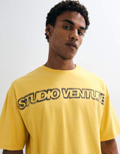 ASOS DESIGN boxy oversized washed t shirt with text graphic in yellow, 3 of 5