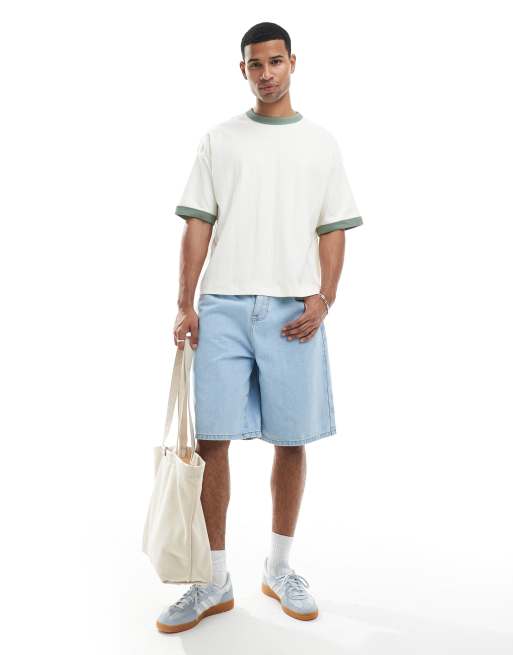 ASOS DESIGN boxy oversized with contrast detail t-shirt in cream textured rib, 3 of 4