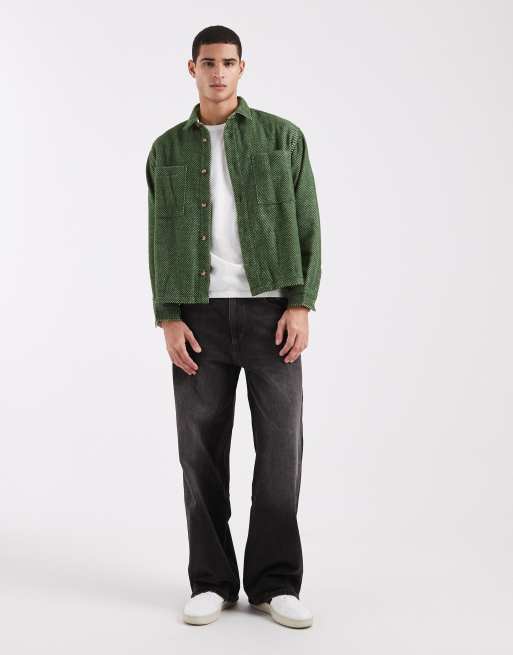 ASOS DESIGN boxy oversized wool look herringbone shirt in green, 2 of 5