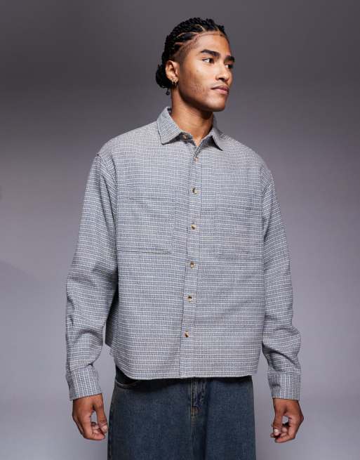 ASOS DESIGN boxy oversized wool look plaid flannel shirt in gray