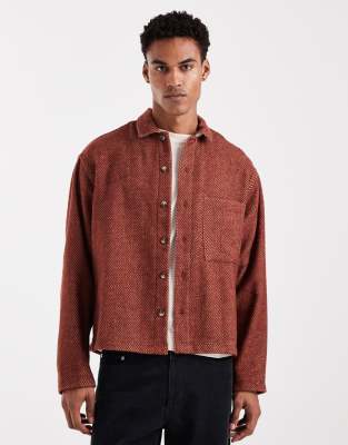 Asos Design Boxy Oversized Wool Mix Herringbone Shirt In Burgundy