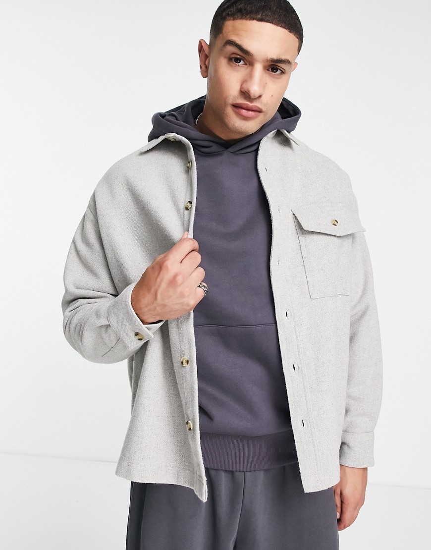 ASOS DESIGN boxy oversized wool mix shirt in light grey