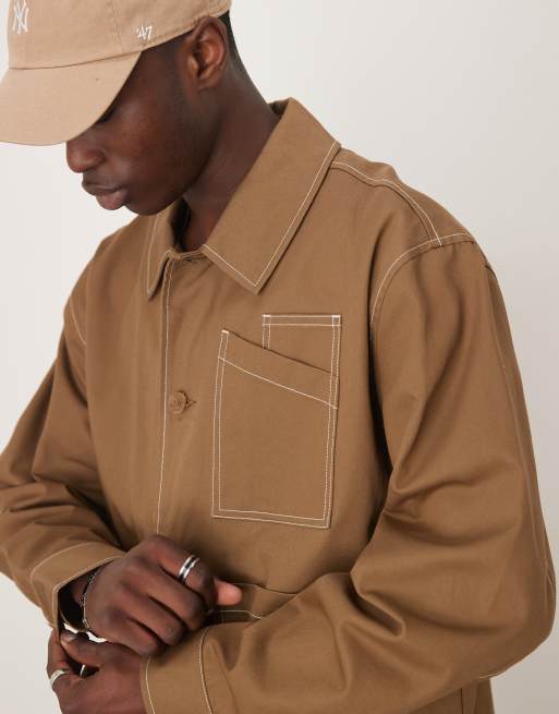 ASOS DESIGN boxy oversized worker jacket with contrast stitch in tan, 2 of 4