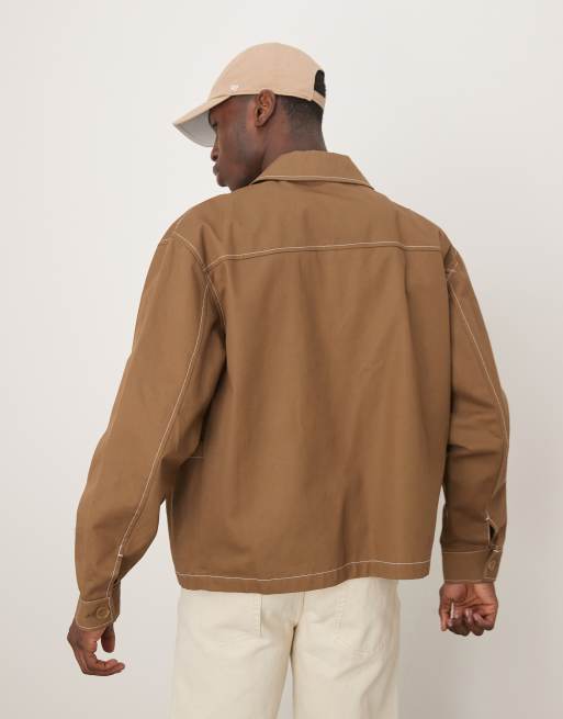 ASOS DESIGN boxy oversized worker jacket with contrast stitch in tan, 3 of 4