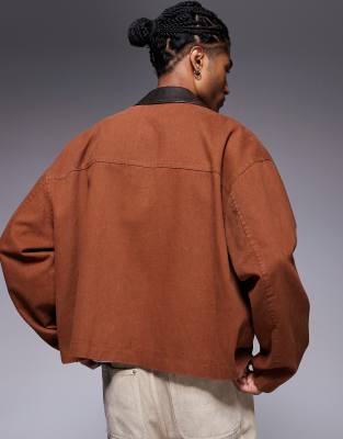 Asos Design Boxy Oversized Worker Jacket With Faux Leather Collar In Brown