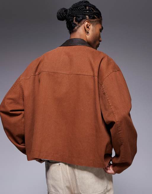 ASOS DESIGN boxy oversized worker jacket with faux leather collar in tan, 2 of 4