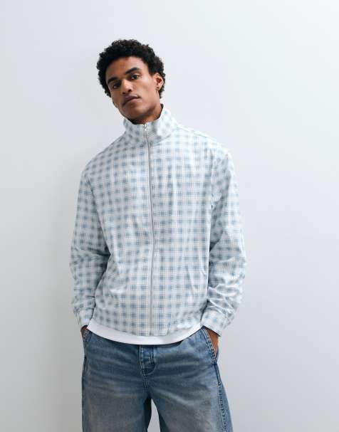 ASOS DESIGN boxy oversized zip through funnel neck jacket in blue check - view 1