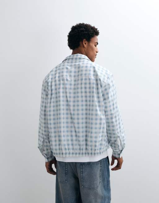 ASOS DESIGN boxy oversized zip through funnel neck jacket in blue check, 2 of 5