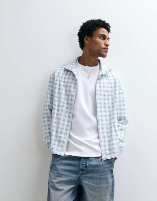 ASOS DESIGN boxy oversized zip through funnel neck jacket in blue check, 3 of 5
