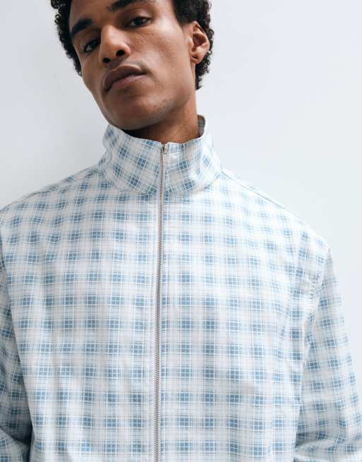 ASOS DESIGN boxy oversized zip through funnel neck jacket in blue check, 4 of 5