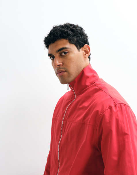 ASOS DESIGN boxy oversized zip through funnel neck jacket in red - view 1