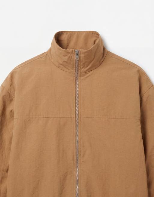 ASOS DESIGN boxy oversized zip through funnel neck jacket in tan, 8 of 9