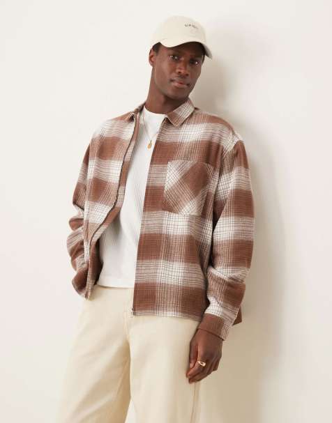 ASOS DESIGN boxy oversized zip through shirt in brown and white check - view 1