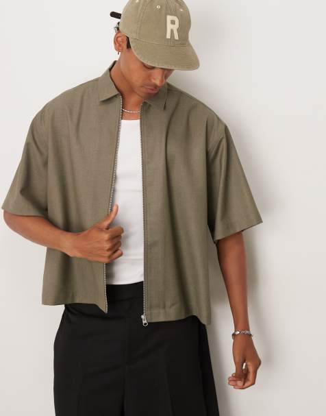 ASOS DESIGN boxy oversized zip through shirt in khaki - view 1
