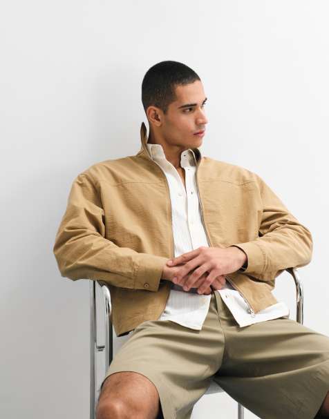 ASOS DESIGN boxy oversized zip up funnel neck jacket in tan - view 1
