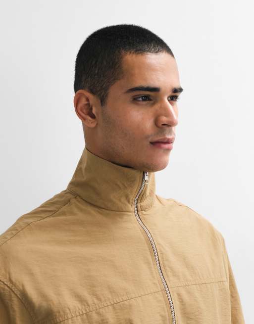 ASOS DESIGN boxy oversized zip up funnel neck jacket in tan, 2 of 7