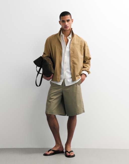 ASOS DESIGN boxy oversized zip up funnel neck jacket in tan, 3 of 7