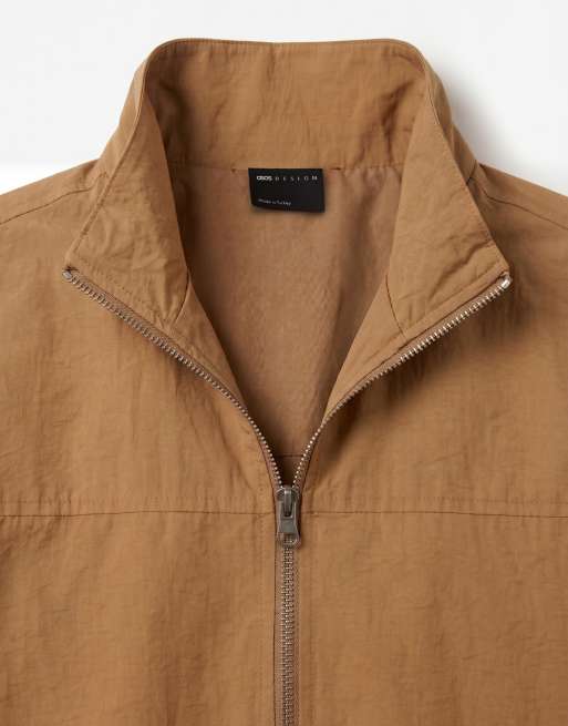 ASOS DESIGN boxy oversized zip up funnel neck jacket in tan, 9 of 9