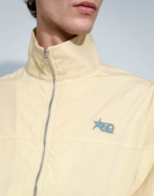 ASOS DESIGN boxy oversized zip up funnel neck jacket with chest embroidery in yellow, 3 of 5