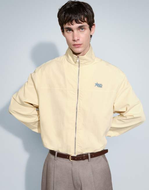 ASOS DESIGN boxy oversized zip up funnel neck jacket with chest embroidery in yellow, 4 of 5