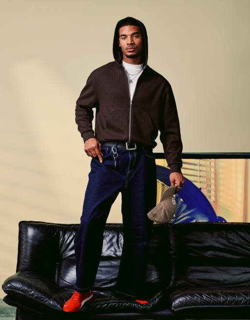 ASOS DESIGN boxy oversized waffle zip through hoodie in brown