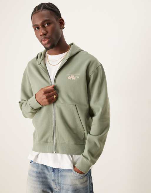 ASOS DESIGN boxy oversized zip up hoodie with chest and back print in dusty green