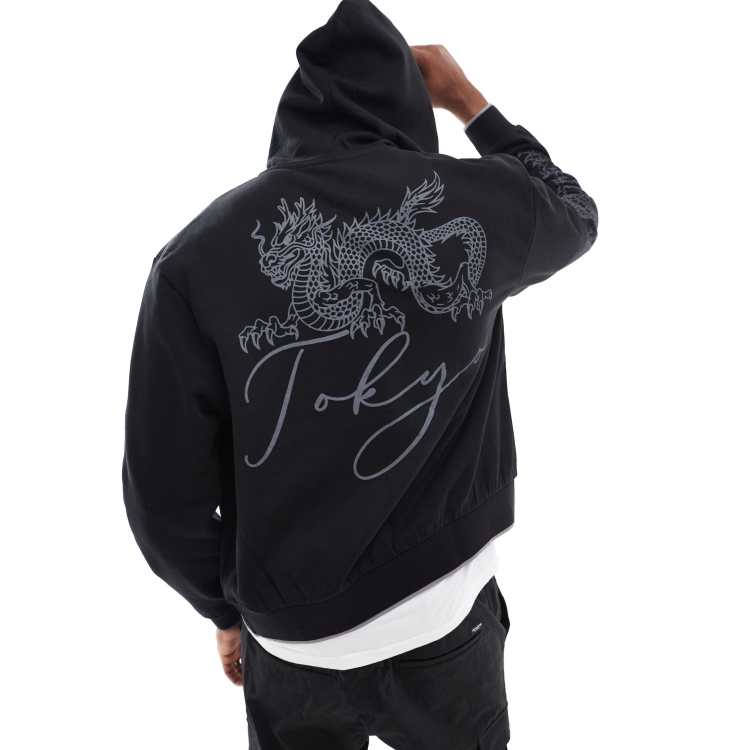 ASOS DESIGN boxy oversized zip up hoodie with dragon print in