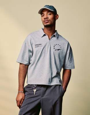 boxy oversized zipped polo with sports graphic in gray heather rib