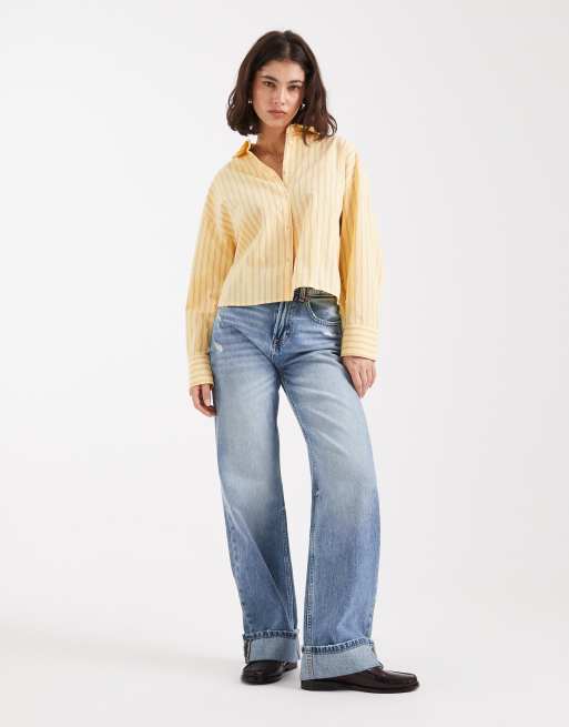 ASOS DESIGN boxy pocket detail shirt in yellow stripe