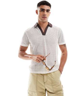 ASOS DESIGN boxy polo shirt in white open mesh with contrast collar