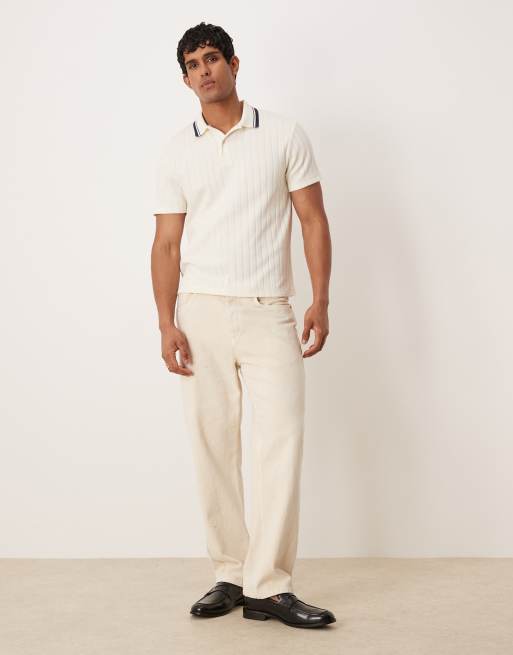 ASOS DESIGN boxy polo shirt with tipped collar in beige rib
