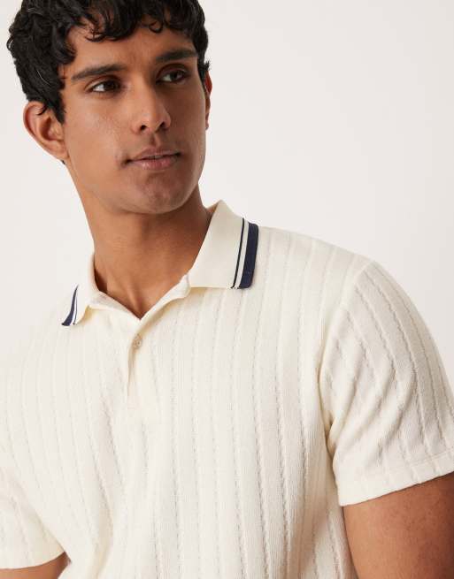 ASOS DESIGN boxy polo shirt with tipped collar in beige rib