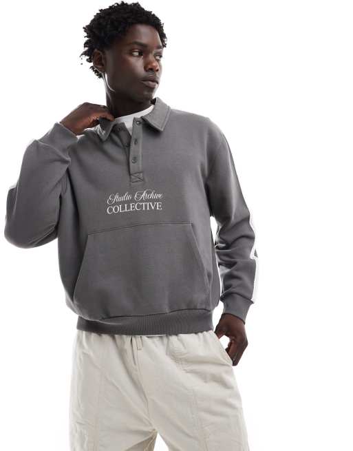 ASOS DESIGN - Boxy polo-sweatshirt met prints en randen in antraciet