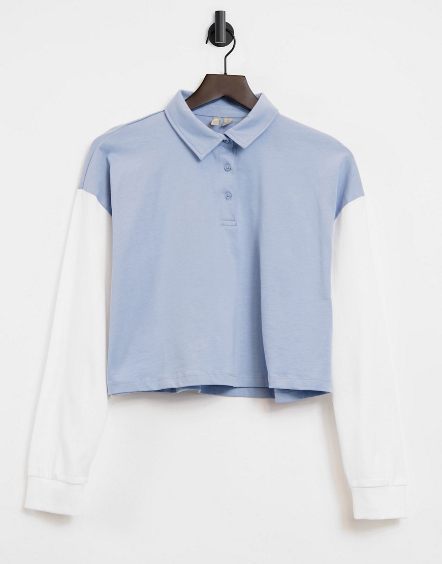 ASOS DESIGN boxy polo top in color-block in washed blue-Blues