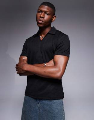 asos ASOS DESIGN boxy polo with deep neckline in black texture