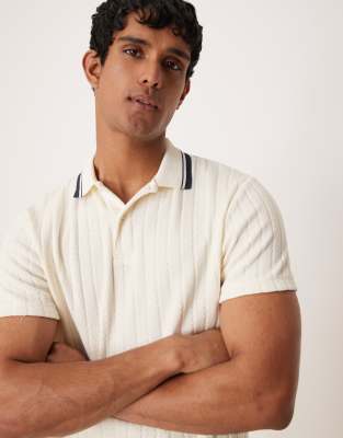 asos ASOS DESIGN boxy polo with tipped collar in beige knitted rib
