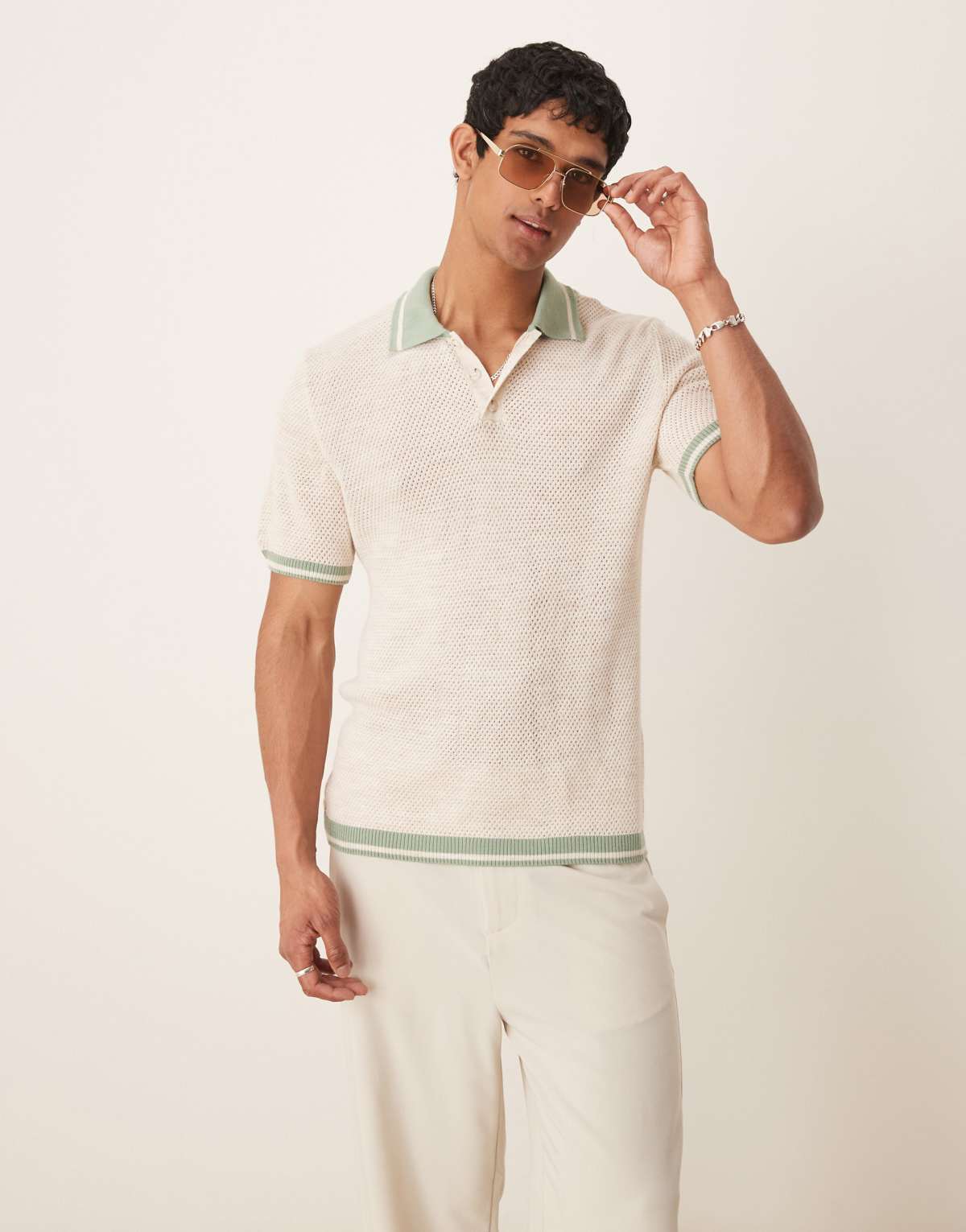 ASOS DESIGN boxy polo with tipping in ecru