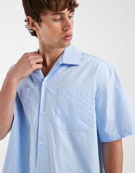 ASOS DESIGN boxy poplin shirt in light blue with revere collar